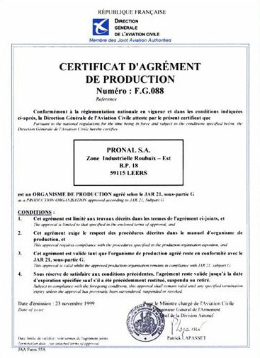 PRONAL航空航天21G部分(生產)證書