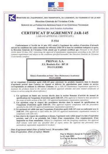 PRONAL航空航天145部分(維護)證書